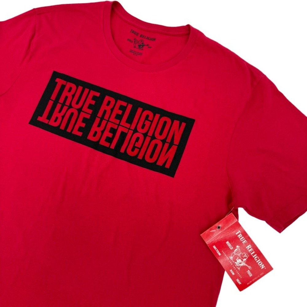 TRUE RELIGION NEW XL T-Shirt Ruby Red SS TR Reflection Tee Flocked Box Felt Logo